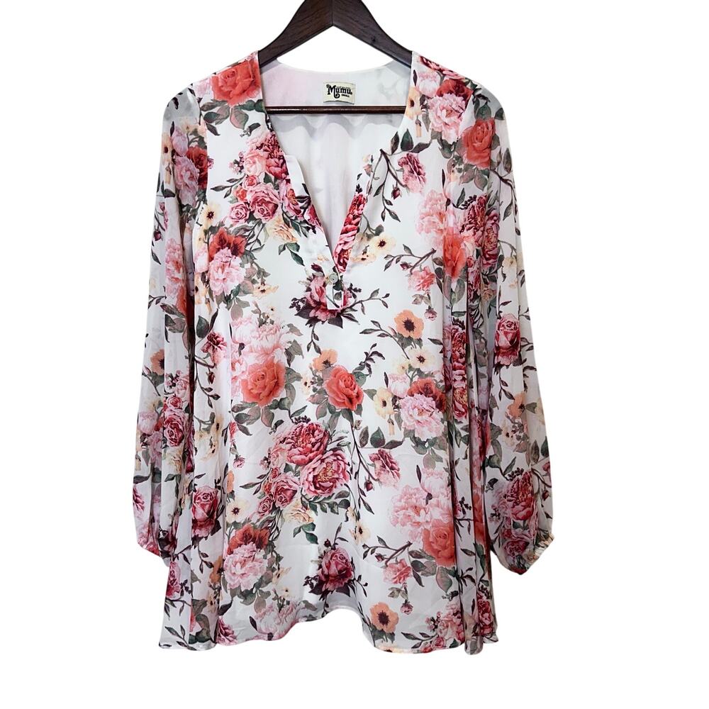 Show Me Your Mumu Jamie Tunic Small White Pink Floral Long Sleeve Boho Blouse‎